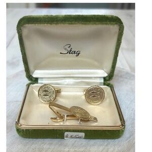 Vintage Stag‎ Gold Tone Tie Clip Cufflinks Set Embossed Coin Design